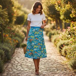 Vintage GORDON OF PHILADELPHIA Sz S Blue Daisy Garden Reversible Wrap Skirt Rare